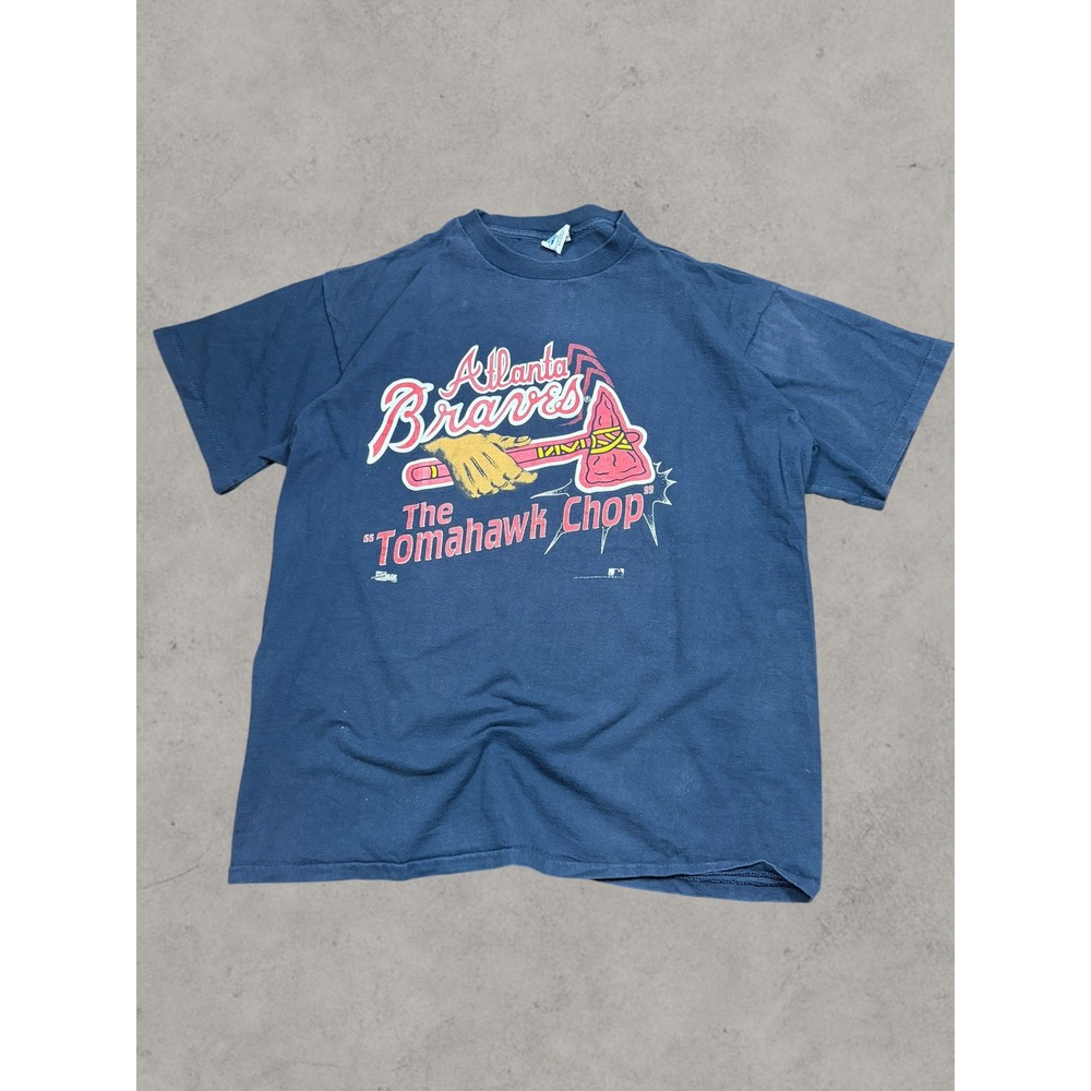 Vintage 1991 Atlanta Braves Tomahawk Chop Salem Sportswear T-Shirt XL Navy Blue